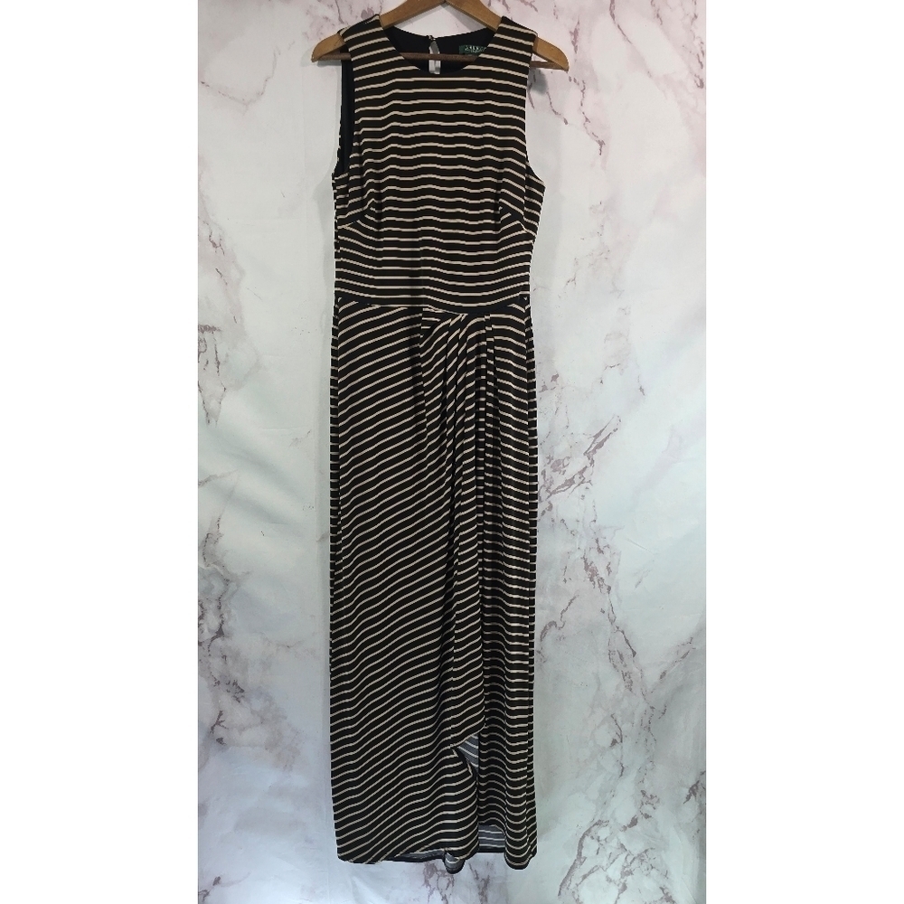 Lauren Ralph Lauren Dress Women 12 Large Black Brown Striped Maxi Tank Slit Wrap